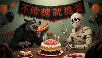 万圣节派对：狼人与木乃伊共享蛋糕
