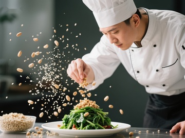 厨师精心撒花生装饰菜肴