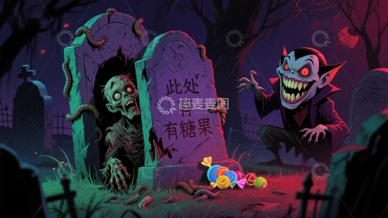 高清大图下载【趣麦麦图】墓地糖果诱惑：僵尸与吸血鬼的夜晚