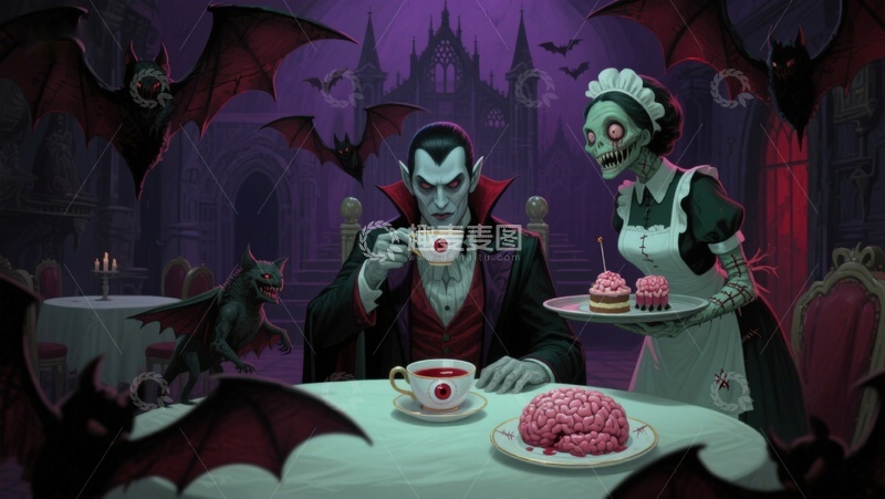 高清大图下载【趣麦麦图】吸血鬼与僵尸女仆的诡异茶会