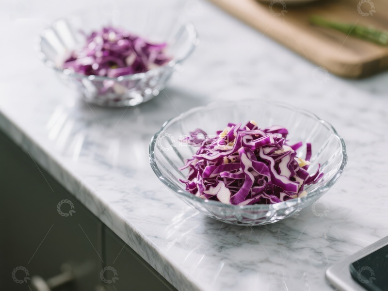 高清大图下载【趣麦麦图】紫色卷心菜切丝置于透明碗中