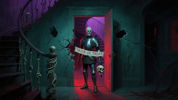 骷髅骑士手持标语，神秘古宅氛围