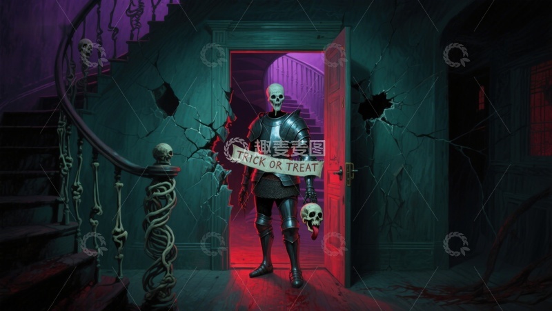 高清大图下载【趣麦麦图】骷髅骑士手持标语，神秘古宅氛围