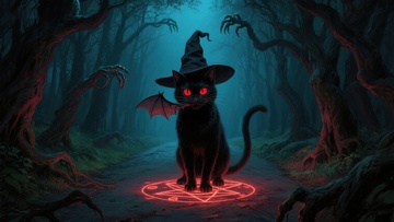 神秘森林中的巫师黑猫