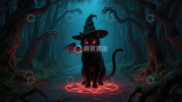 神秘森林中的巫师黑猫