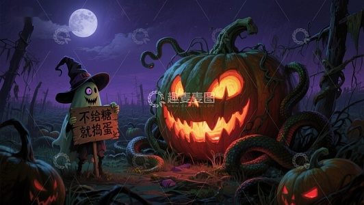 万圣节南瓜与小巫师的夜景