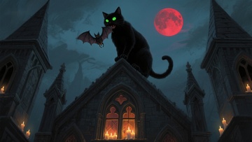 黑猫与蝙蝠在月夜古堡