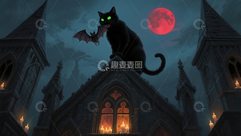 高清大图下载【趣麦麦图】黑猫与蝙蝠在月夜古堡