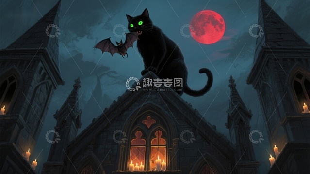 黑猫与蝙蝠在月夜古堡