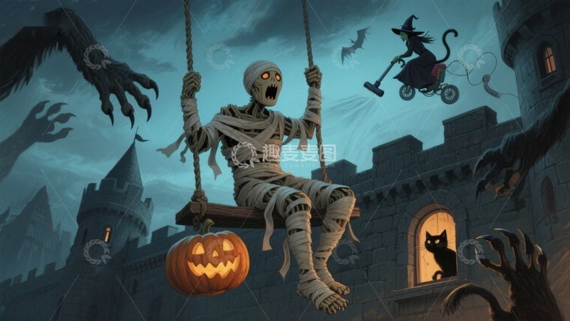 高清大图下载【趣麦麦图】万圣节木乃伊荡秋千