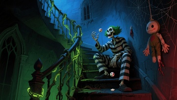 幽暗楼梯上的骷髅小丑与玩偶