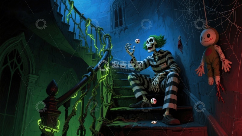 高清大图下载【趣麦麦图】-幽暗楼梯上的骷髅小丑与玩偶