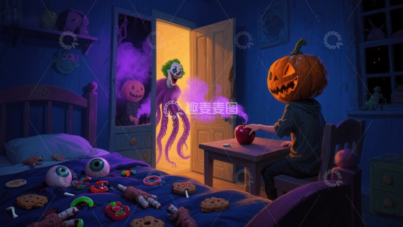 高清大图下载【趣麦麦图】南瓜灯男孩与紫色幽灵的奇幻夜
