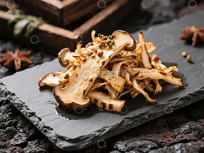 烤制松茸菌片，香料点缀
