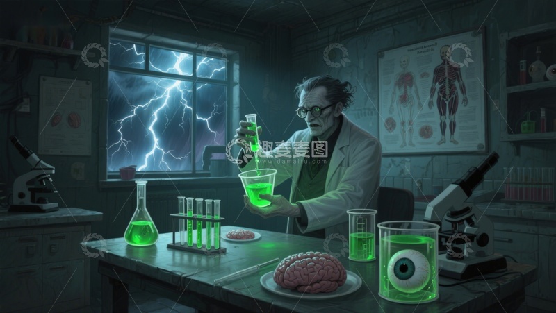 高清大图下载【趣麦麦图】科学家在实验室进行绿色液体实验
