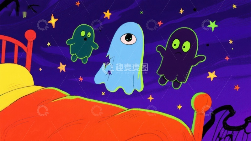 高清大图下载【趣麦麦图】夜晚床上的卡通幽灵