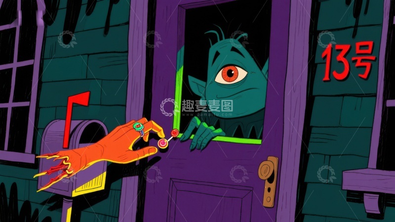 高清大图下载【趣麦麦图】-怪兽从门后窥视，手伸向邮箱