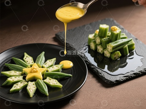 黄酱淋洒秋葵，精致美食呈现