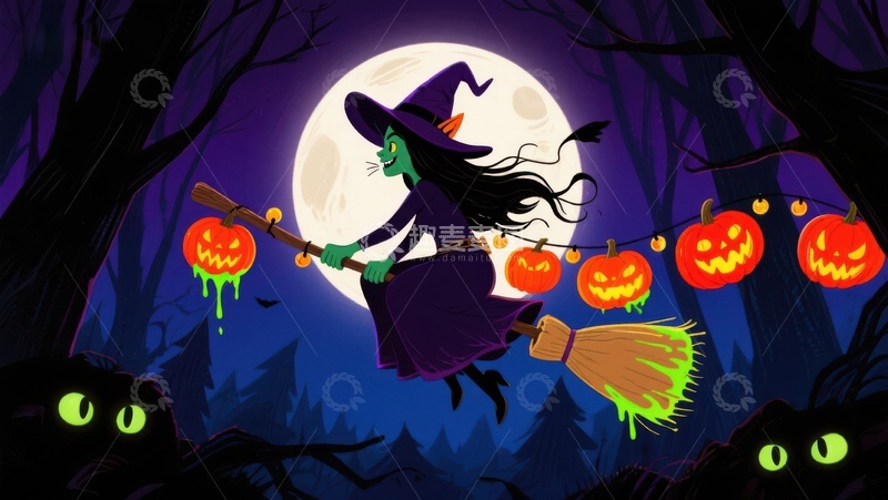 高清大图下载【趣麦麦图】万圣夜巫女飞越森林