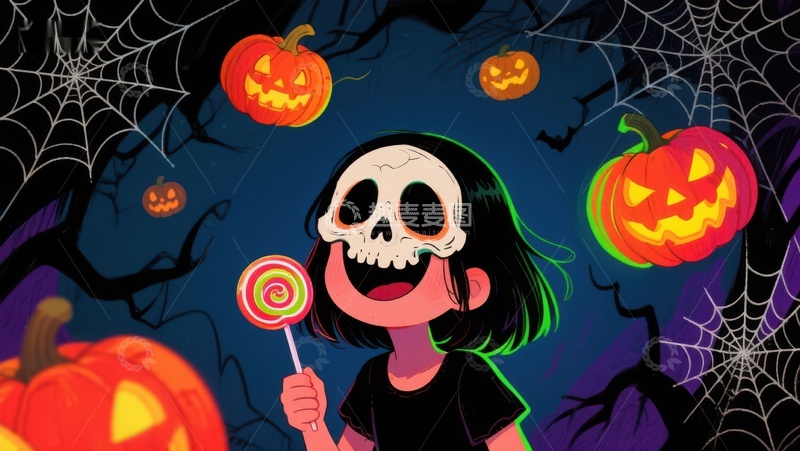 高清大图下载【趣麦麦图】万圣节女孩与糖果骷髅面具