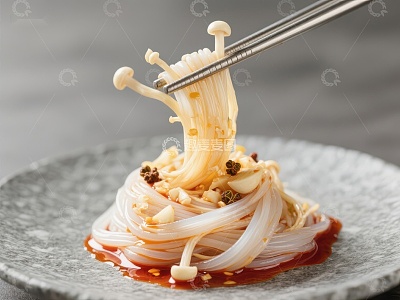 筷子夹起金针菇拌粉，美味诱人