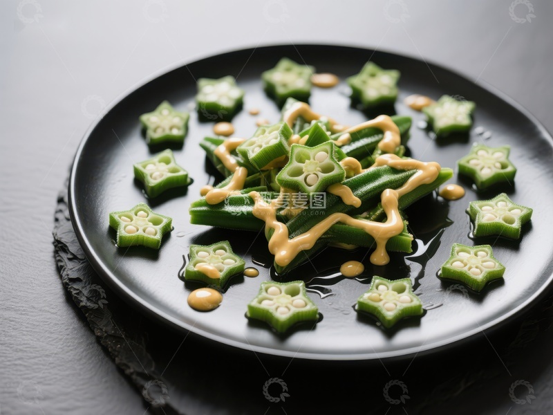 高清大图下载【趣麦麦图】创意秋葵摆盘，搭配酱汁点缀