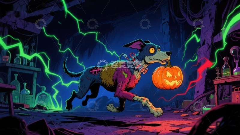 高清大图下载【趣麦麦图】闪电环绕的幽灵犬手持南瓜灯