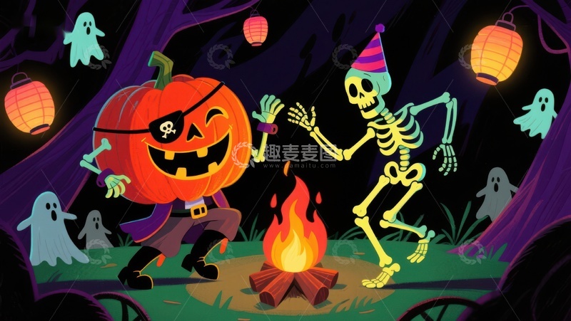 高清大图下载【趣麦麦图】万圣节南瓜与骷髅篝火派对
