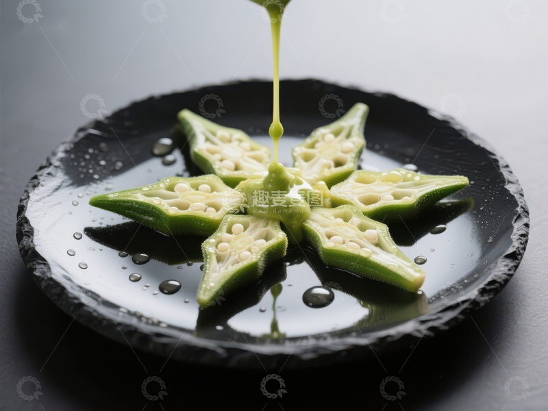 高清大图下载【趣麦麦图】秋葵切片摆盘，淋上绿色酱汁