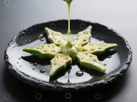 秋葵切片摆盘，淋上绿色酱汁