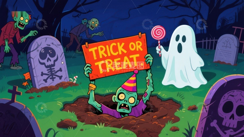 高清大图下载【趣麦麦图】万圣节墓地里的捣蛋鬼