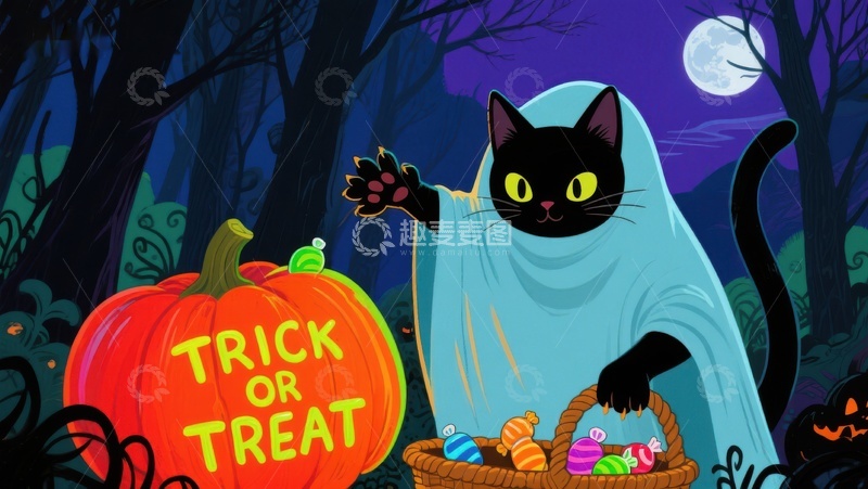 高清大图下载【趣麦麦图】万圣节黑猫装扮幽灵手持糖果篮