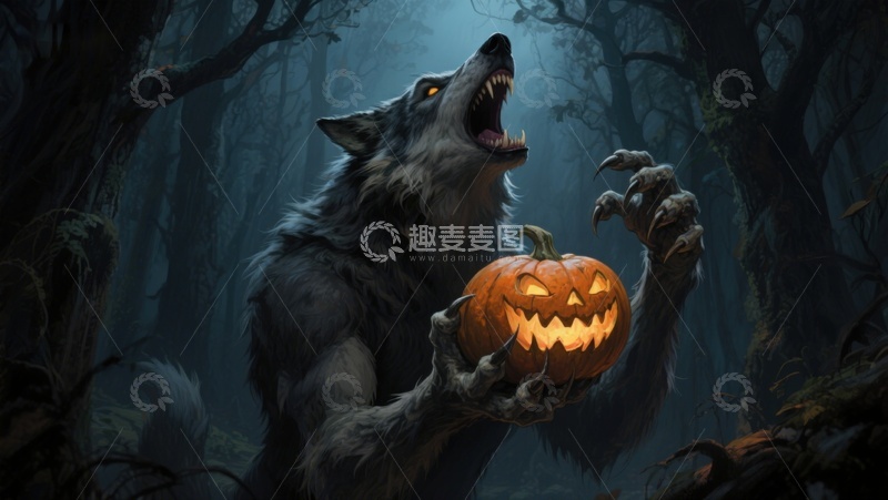 高清大图下载【趣麦麦图】森林中的狼人手持南瓜灯