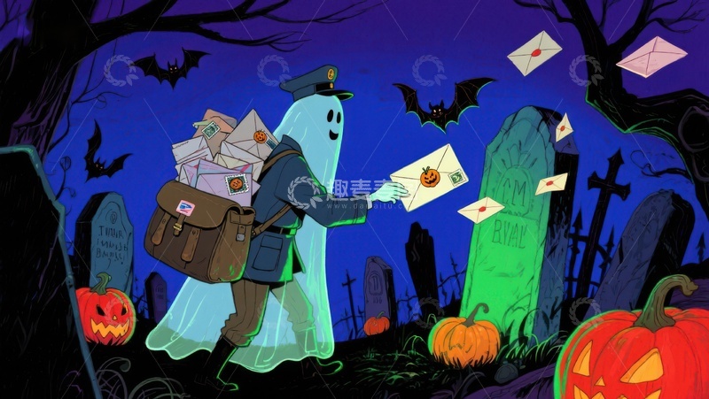 高清大图下载【趣麦麦图】幽灵邮差在墓地送信