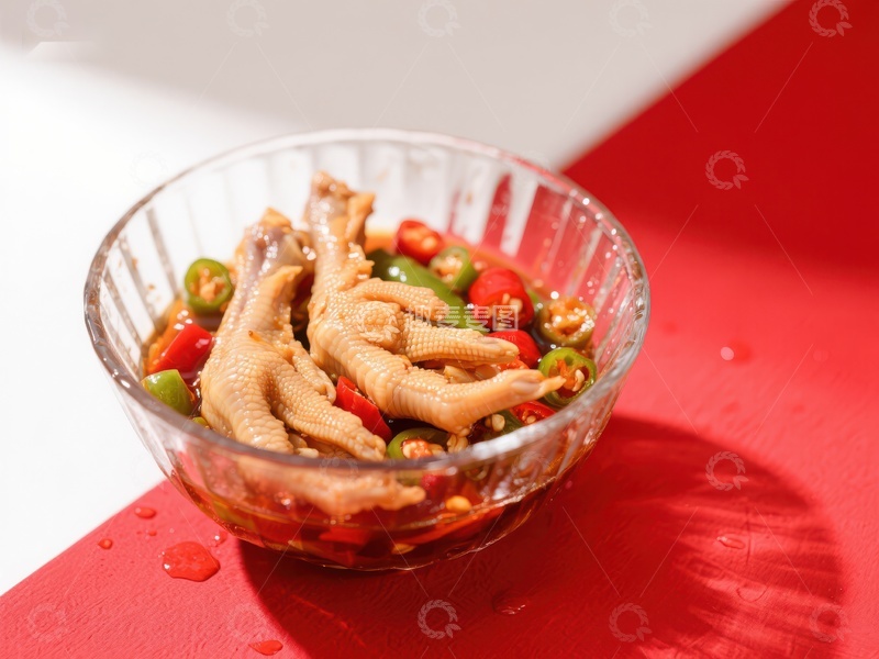 高清大图下载【趣麦麦图】麻辣鸡爪配辣椒，玻璃碗中诱人美食
