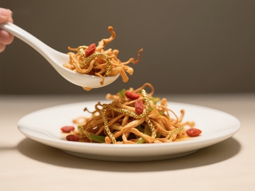 勺子舀起的美味炒面