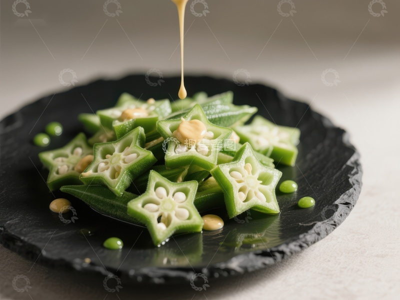 高清大图下载【趣麦麦图】秋葵切片淋酱，清新美味