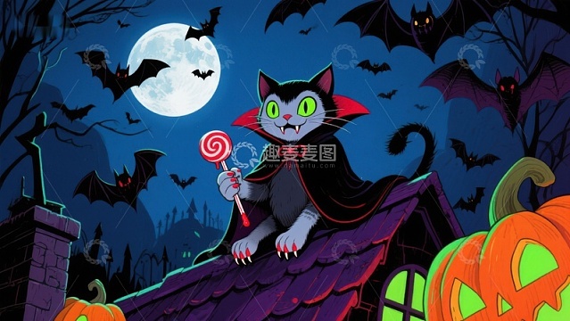 万圣夜屋顶上的吸血鬼猫