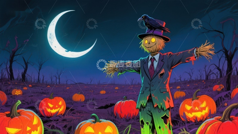 高清大图下载【趣麦麦图】月夜下的南瓜田与稻草人