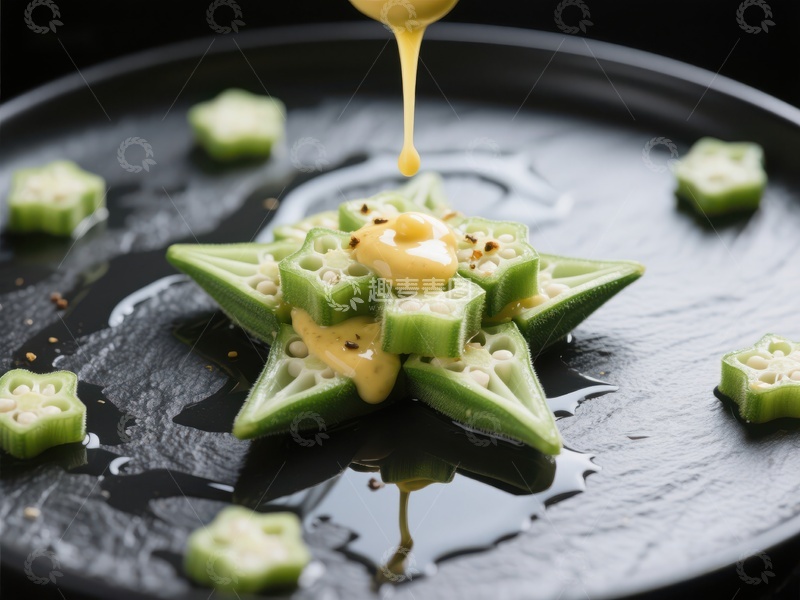 高清大图下载【趣麦麦图】创意秋葵摆盘，淋上黄色酱汁