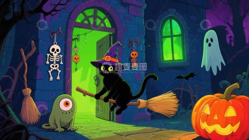 高清大图下载【趣麦麦图】万圣节夜猫骑扫帚