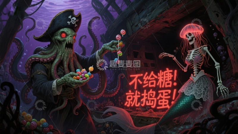 高清大图下载【趣麦麦图】海盗与骷髅美人鱼的糖果交易