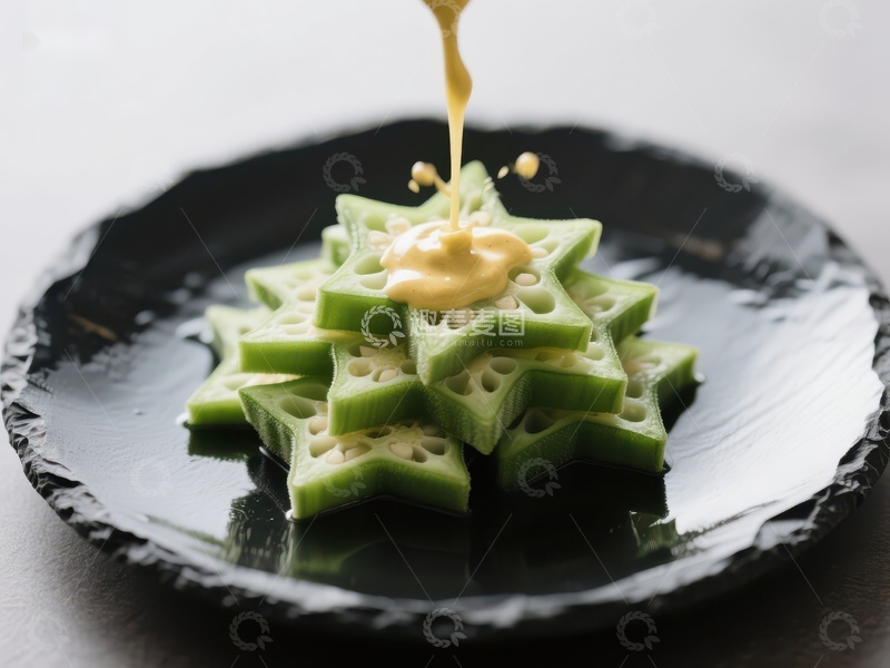高清大图下载【趣麦麦图】创意摆盘的绿色蔬菜配黄色酱汁