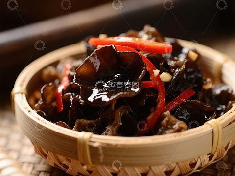 木耳拌红椒，竹篮盛装美食