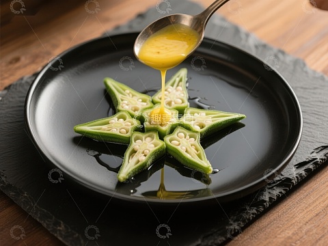 秋葵切片摆盘，淋上蛋黄酱