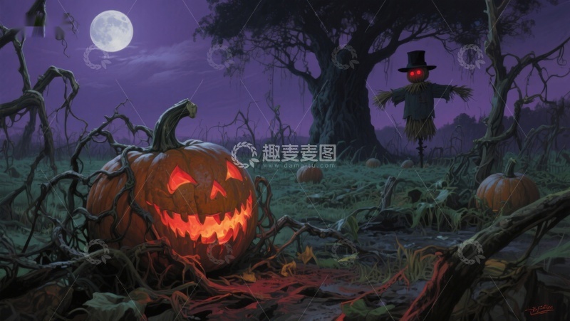 高清大图下载【趣麦麦图】月夜下的南瓜灯与稻草人