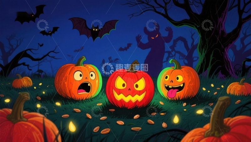 高清大图下载【趣麦麦图】万圣节南瓜灯与幽灵的夜景
