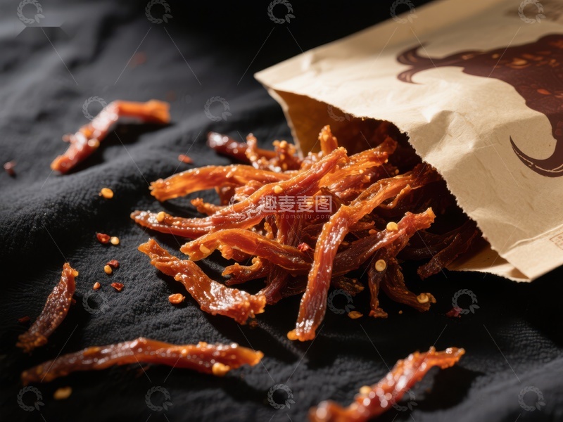 高清大图下载【趣麦麦图】辣味牛肉干散落包装袋旁