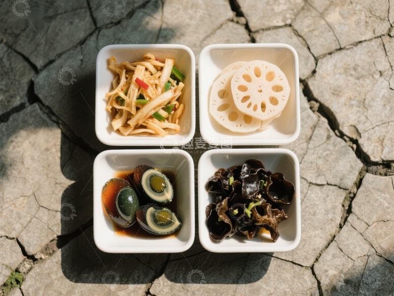 高清大图下载【趣麦麦图】四格小菜：莲藕、腌蛋与菌菇