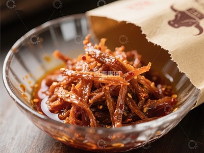 辣味牛肉干盛于透明碗中